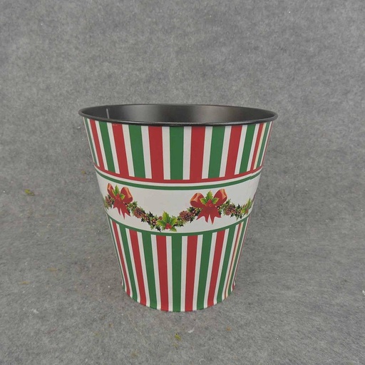 [XR6045] PLANTER TIN 6" x 6.25" RED/GRN STRIPES