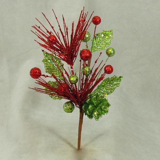 [XG372-RGN] GLITTER SPRAY W/CONE&BERRY 8.5" (6/BG) RED/GRN