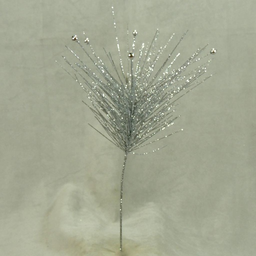 [XG374-SIL] GLITTER PINE/BEAD SPRAY 15"  SILVER