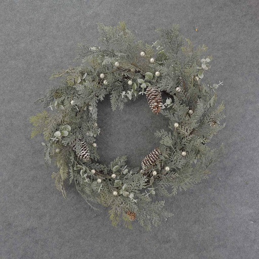 [XL9006] FROSTED CEDAR WREATH 20" W/CONE & EUCALYPTUS