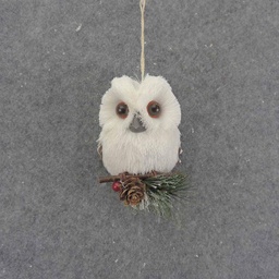 [XL9023] SNOWY SISAL OWL HANGER 6" WHITE W/PINE & CONES