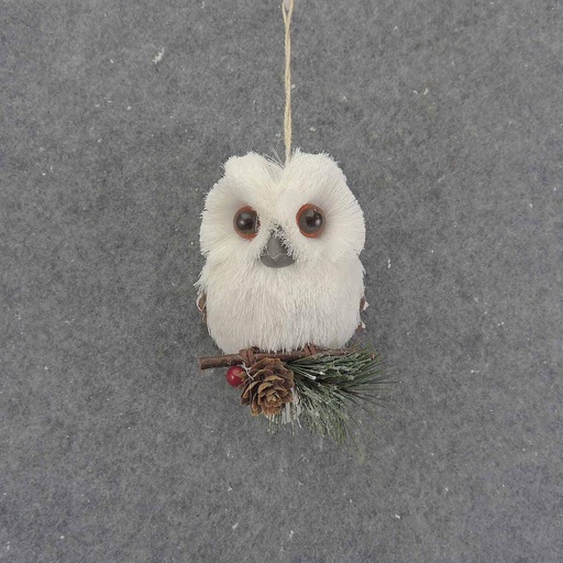 [XL9023] SNOWY SISAL OWL HANGER 6" WHITE W/PINE & CONES