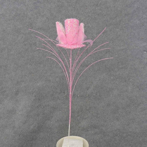 [SA0000-PNK] TOP HAT W/BUNNY EARS 3" ON 13" PICK  PINK TINSEL