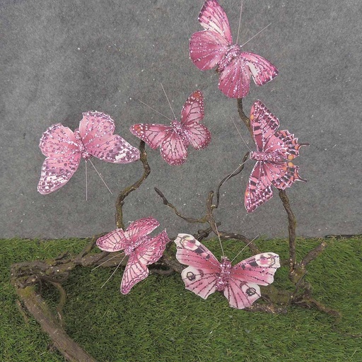 [BN0011] 4.25" 6-ASSORTED BUTTERFLIES W/GLITTER  BEAUTY/PINK W/CLP