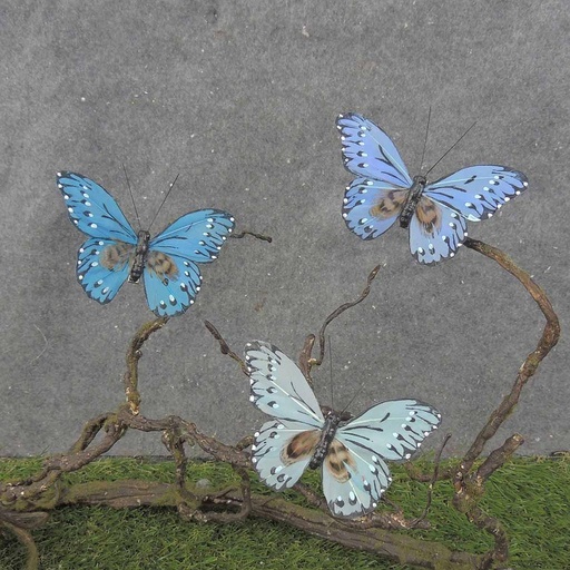 [BN0013-BLU] 4" FEATHER BUTTERFLY 3-ASST BLUE MIX W/CLP