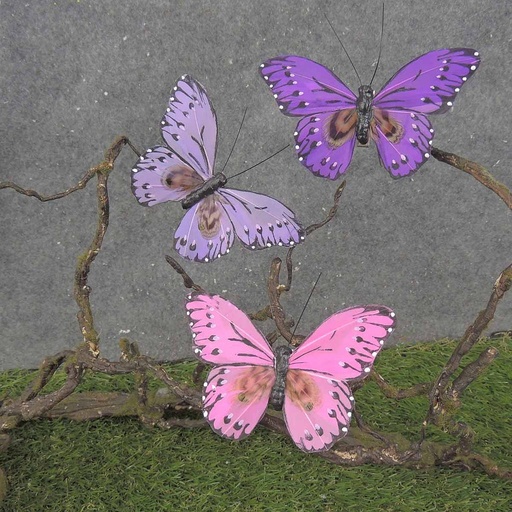 [BN0013-PPL] 4" FEATHER BUTTERFLY 3-ASST PINK/PURPLE/LAVENDER MIX W/CLP