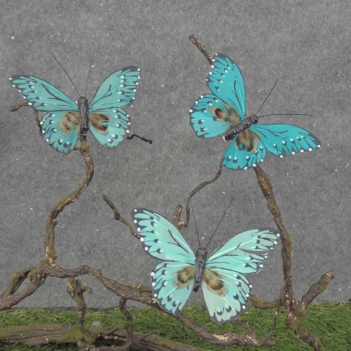 [BN0013-TEA] 4" FEATHER BUTTERFLY 3-ASST TEAL MIX W/CLP
