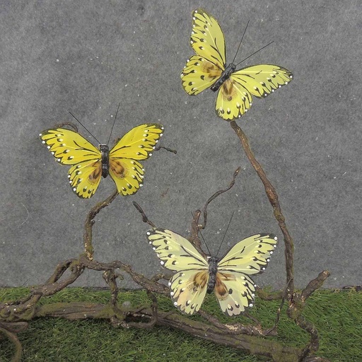 [BN0013-YEL] 4" FEATHER BUTTERFLY 3-ASST YELLOW MIX W/CLP