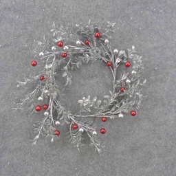 [XL0003] 6&quot; SILVER GLITTER EUCALYPTUS CANDLE RING W/RED &amp; SILVER BALLS
