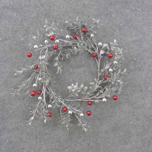 [XL0003] 6" SILVER GLITTER EUCALYPTUS CANDLE RING W/RED & SILVER BALLS