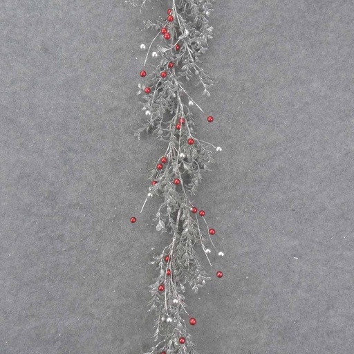 [XL0006] 5' SILVER GLITTER EUCALYPTUS GARLAND W/RED & SILVER BALLS