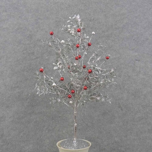 [XL0007] 18" SILVER GLITTER EUCALYPTUS TREE W/RED & SILVER BALLS