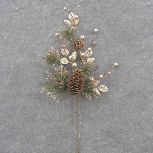 [XL0017-GLD] 16" PINE & PINCONE SPRAY W/GOLD GLITTER EUCALYPTUS & BERRIES