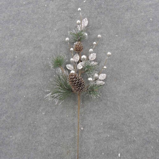 [XL0017-SIL] 16" PINE & PINCONE SPRAY W/SILVER GLITTER EUCALYPTUS & BERRIES