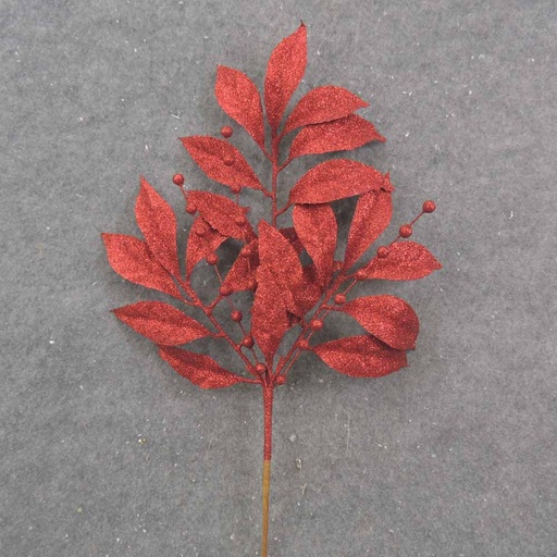 [XB0024-RED] 19" RED GLITTER LEAF SPRAY X3