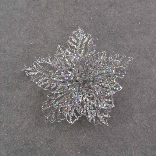 [XB0030-SIL] 9" SILVER GLITTER POINSETTIA ON CLIP