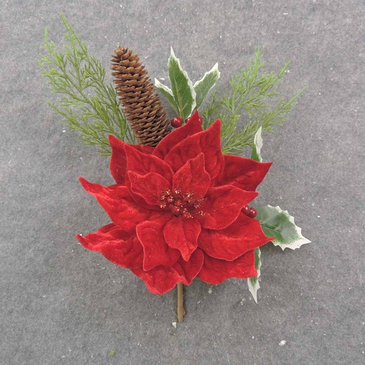 [XA0052] 15" POINSETTIA PICK W/PINE, HOLLY & CONE
