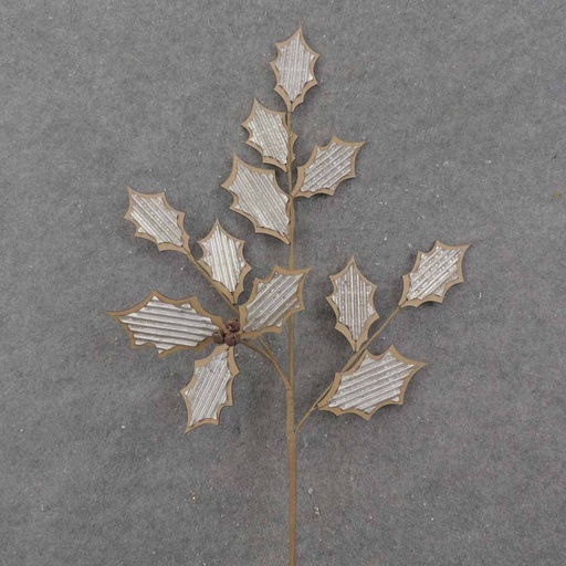[XA0070] 32" WOOD CUTOUT & FAUX METAL HOLLY SPRAY
