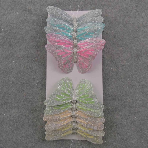 [BN66172] 5" PASTEL BUTTERFLY W/SILVER GLITTER 6-ASST W/ WIRE