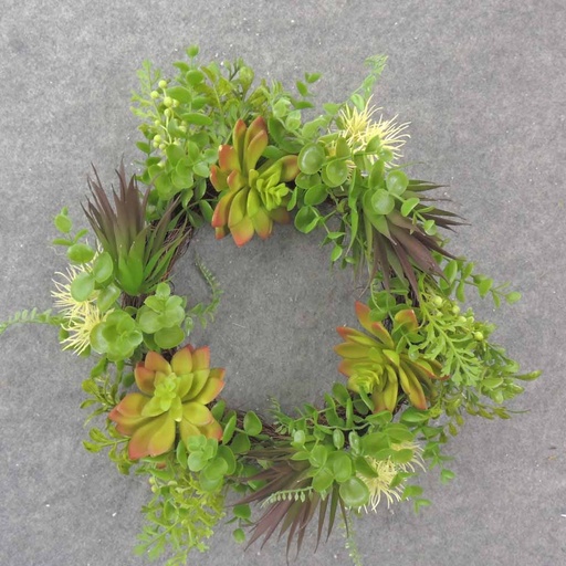 [SE1009] 10.5" WREATH W/SUCCULENTS & EUCALYPTUS BURGUNDY/GREEN
