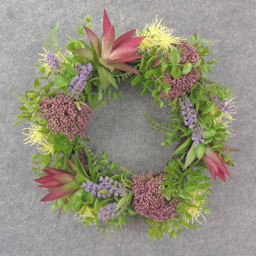 [SE1010] 10.5" WREATH W/SUCCULENTS, FERN & EUCALYPTUS BUR/LAV