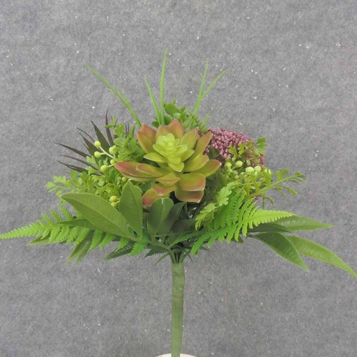 [SE1019] 14" SUCCULENT, FERN & GRASS WRAPPED BUSH BURGUNDY/GREEN
