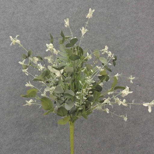 [SA1022-CRM] 21" EUCALYPTUS, FERN & BLOSSOM BUSH CREAM