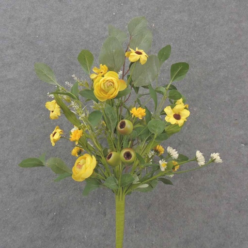 [SA1034] 22" RANUNCULUS, DAISY & FOLIAGE BUSH YELLOW/CREAM