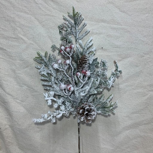 [XL1000] 19.5" FLOCKED PINE SPRAY W/ CONES & BERRIES 