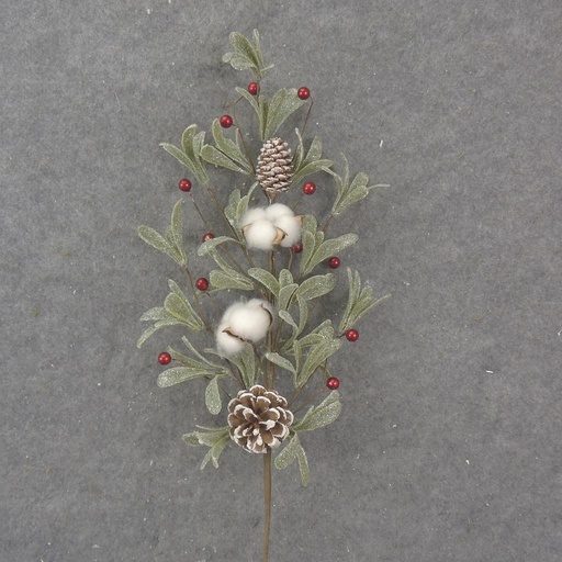 [XL1002] 28" MISTLETOE & COTTON SPRAY W/ CONES & BERRIES