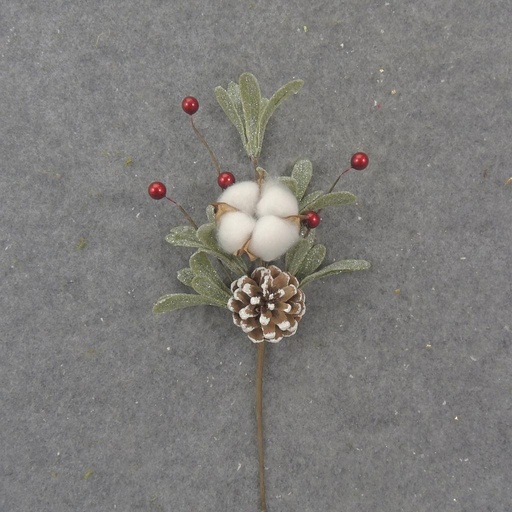 [XL1003] 12" MISTLETOE & COTTON PICK W/ CONE & BERRIES