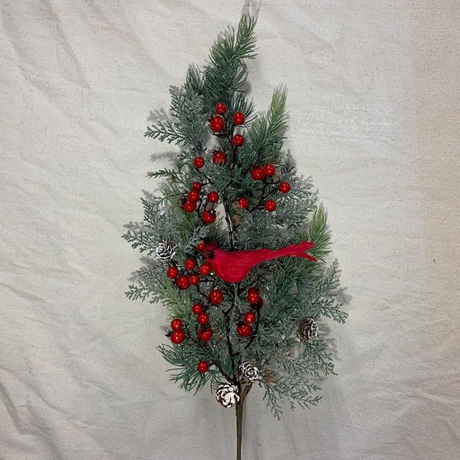 [XL1005] 30" PINE/CEDAR SPRAY W/ CARDINAL/BERRIES/CONES