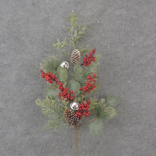 [XL1028] 27.5" PINE/EUCALYPTUS SPRAY W/ RED BERRIES & BELLS