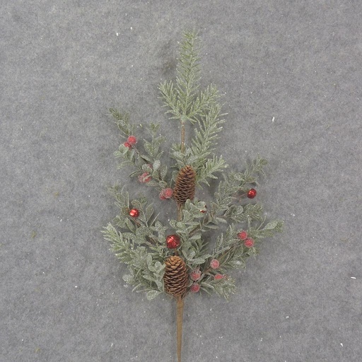 [XL1034-RED] 28" PINE/EUCALYPTUS SPRAY W/ BERRIES/CONES/BELLS RED