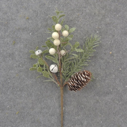 [XL1035-WHT] 11" PINE/EUCALYPTUS PICK W/ BERRIES/CONES/BELLS WHITE