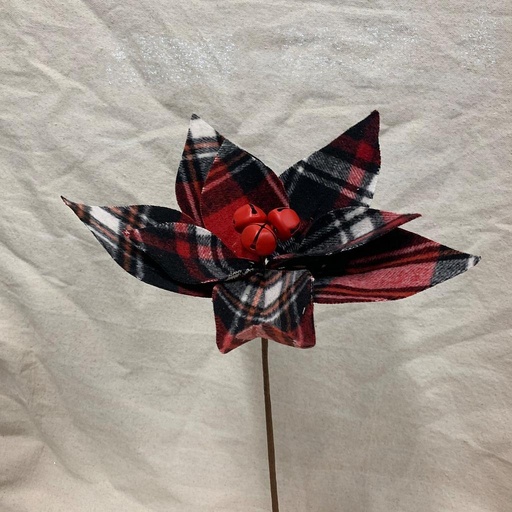 [XA1021-RBW] 13" POINSETTIA PICK W/BELLS RED/BLACK/WHTE PLAID