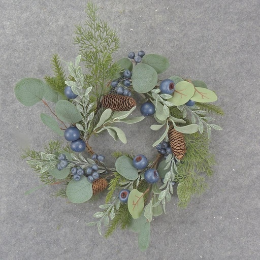 [XA1048] 6.5" EUCALYPTUS/PINE CANDLE RING W/ CONES & BLUE BERRIES