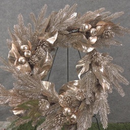 [XA1095] 26&quot; MAGNOLIA LEAF/PINE WREATH W/ CONES METALLIC CHAMPAGNE