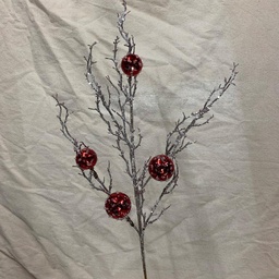 [XA1129-RED] 34&quot; TWIG SPRAY W/ ICE &amp; RED ORNAMENTS