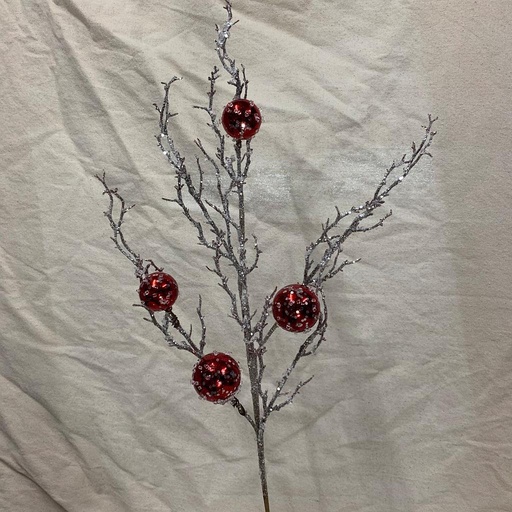 [XA1129-RED] 34" TWIG SPRAY W/ ICE & RED ORNAMENTS