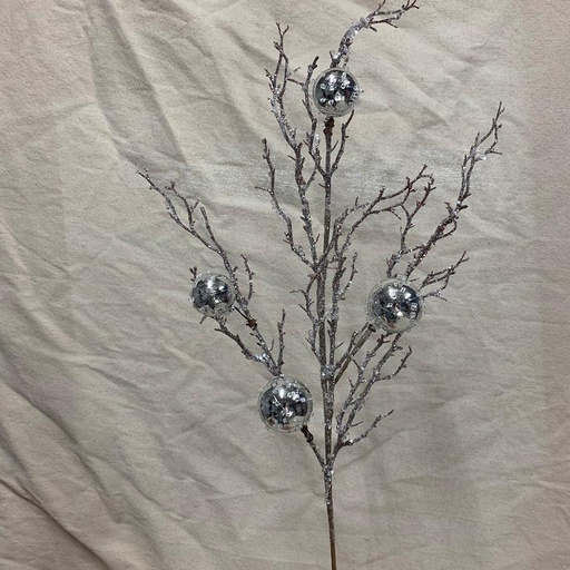 [XA1129-SIL] 34" TWIG SPRAY W/ ICE & SILVER ORNAMENTS