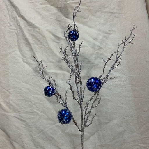 [XA1129-BLU] 34" TWIG SPRAY W/ ICE & BLUE ORNAMENTS