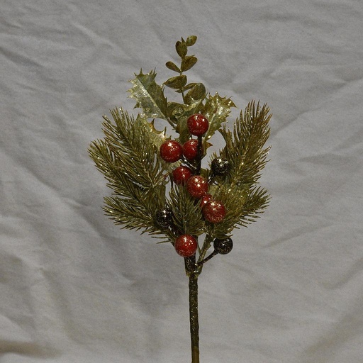 [XE1026-GLD] 13" MIXED LEAVES & BERRY SPRAY W/ GOLD GLITTER