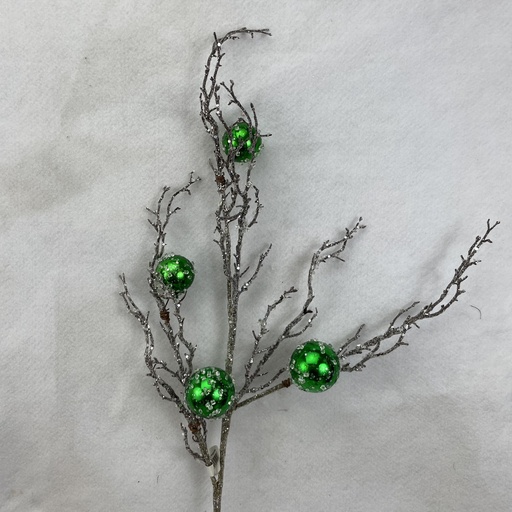 [XA1129-GRN] 34" TWIG SPRAY W/ ICE & GREEN ORNAMENTS