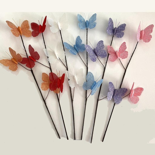 [BN2007] 13" TWIG W/ 2.5" BURLAP BUTTERFLIES X3 6-ASST