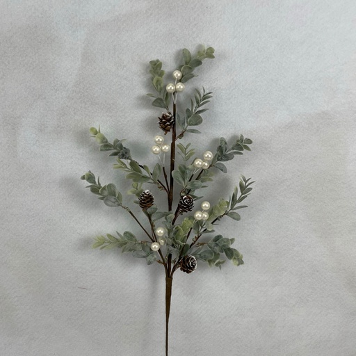 [XL2620-WHT] 22" EUCALYPTUS SPRAY W/ WHITE BERRIES AND CONES