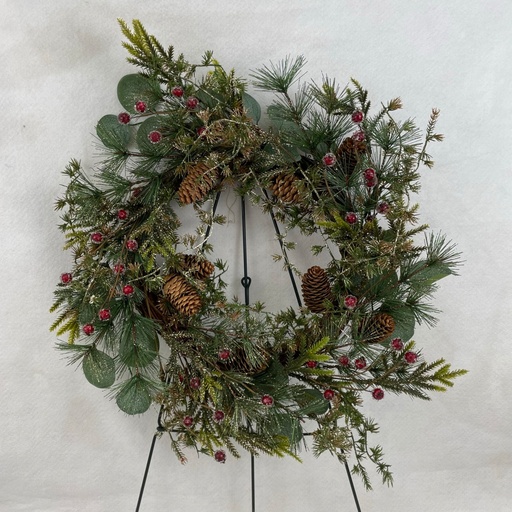 [XL2636] 20" WREATH W/ GLITTER PINE EUCALYPTUS AND RED BERRY 