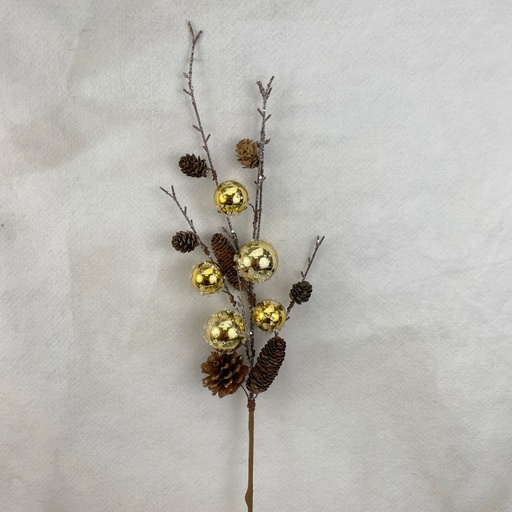 [XA2087] 32" ICED TWIG SPRAY W/CONES & GOLD ORNAMENTS