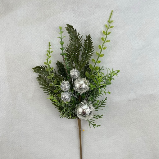 [XA2094] 17" MIXED PINE BUSH W/ SILVER ORNAMENTS ICED