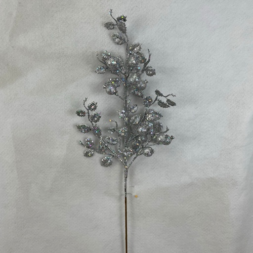 [XB2307-SIL] 22" SILVER GLITTER HOLLY AND BERRY SPRAY